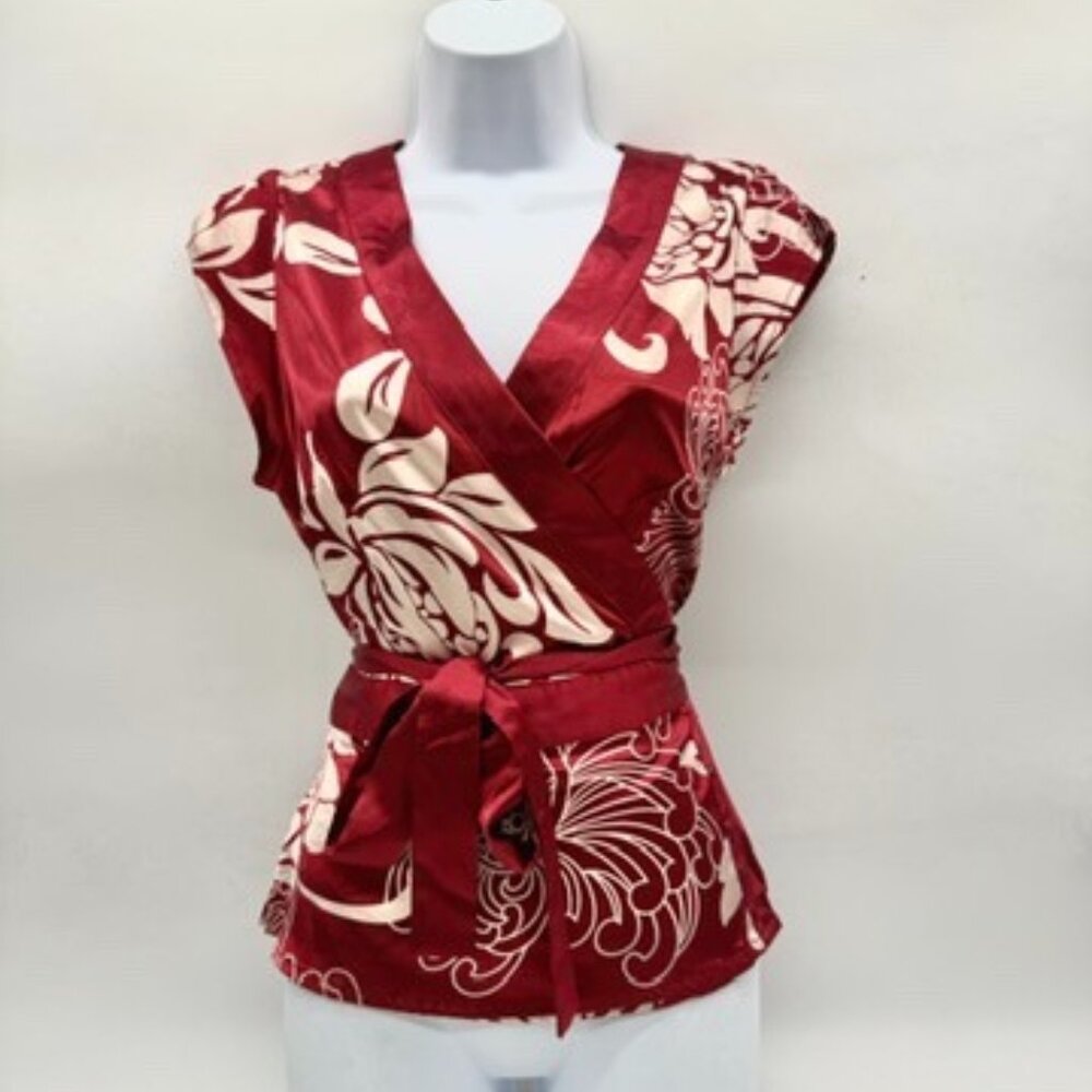 BCBGMAXAZRIA Wrap Floral Top, y2k burgundy red and white blouse, satin-like